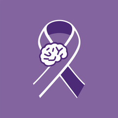 World Alzheimer’s Day Vector Badge with Brain Maze, Neuron Network, and Caregiver Silhouette – Flat Purple Solid Color Design for Awareness and Support