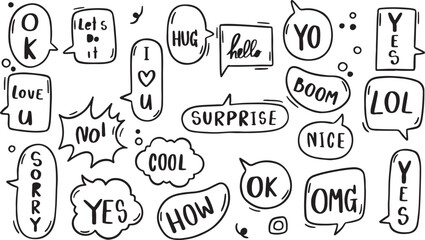 Text Bubble Doodle Pack – Hug, Love, Surprise, OK, Cool, Yes, No, Cartoon, Comic, Messaging, Emotion, Hand Drawn, Outline, Fun, Speech Bubble
