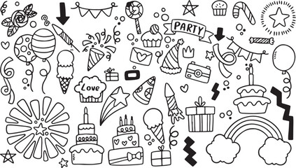 Party and Celebration Elements Vector – Cake, Banner, Gift, Party Hat, Balloon, Star, Fun, Sketch, Doodle, Icon, Hand Drawn, Cute, Garland, Music, Confetti