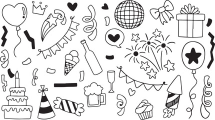 Disco Party Vector Doodle Set – Lights, Ice Cream, Heart, Garland, Balloon, Celebration, Music, Cake, Gift, Love, Sketch, Party Hat, Streamers, Hand Drawn, Icon