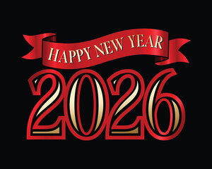 Happy new year 2026 typography banner design. New year celebration greeting card, poster, template flyer. Red color ribbon vector illustration on black background.