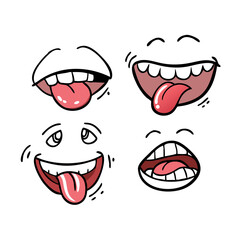 Cartoon mouth happy, smile, sad, angry expression doodle set. Hand drawn mouth, tongue caricature icon. Funny comic mouth collection