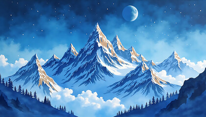 Stunning artwork of snow-capped mountains under a starry sky with a full moon