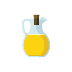 The image features a transparent glass jug or carafe filled with yellow liquid, likely representing massage oil, essential oil, or aromatherapy oil. The jug has a handle, a spout, and a brown stopper 