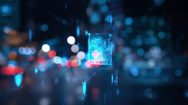 Explore digital security concepts highlighted with vibrant visuals in a futuristic urban setting during nighttime