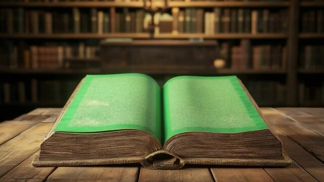 Ancient Book: A weathered antique book, opened on a rustic wooden table, invites exploration of knowledge with blank green pages. The warm.