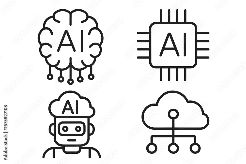Poster artificial intelligence line icon set. ai technology outline pictograms for web and mobile app. brai