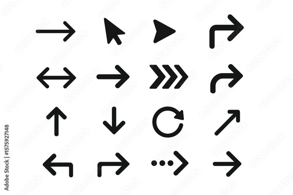 Fototapete Black vector arrow icon collection. Set of modern simple cursors and signs for web design. Flat style pointer and direction symbols for user interface navigation element.