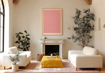 Living room with fireplace, vibrant pink art, and mustard accents. Modern and cozy design, ideal for interior design projects.