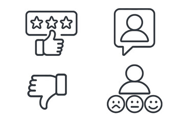 Customer satisfaction icon set. Client feedback, experience and review concepts. Line icons for rating, like, dislike. Web and mobile app user interface design elements.