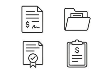 Financial documents line icon set. Business contract with signature, file folder, approved certificate, and payment invoice or clipboard report. Money and banking symbols.