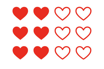 Red Heart Icon Set. Filled and Outline Hearts. Love Symbol Collection. Romantic, Valentine, Like, Favorite, Social Media, UI, UX, Web, App, Isolated Vector Illustration