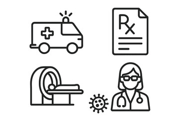 Emergency Medical Ambulance, Prescription RX, MRI Scanner, Doctor and Virus Icon Set. Healthcare, Hospital, Medical Equipment, Diagnosis, Treatment, Healthcare Professional, Line Style Vector