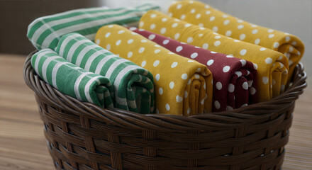 Rolled colorful fabric napkins in a woven basket on a wooden table  