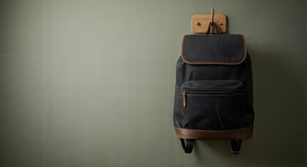 Black backpack hanging on hook against olive green wall  