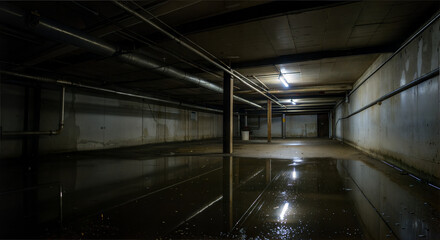 Empty underground parking garage with puddles and dim lighting  