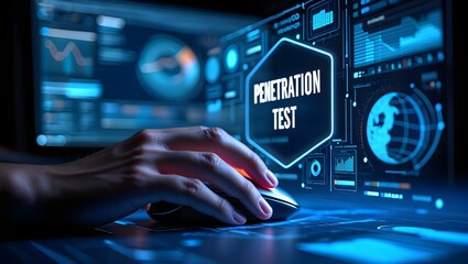 A hand uses a computer mouse on a screen displaying penetration test data