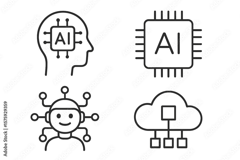 Aufkleber artificial intelligence icon set. ai technology, machine learning, deep learning, digital brain and 