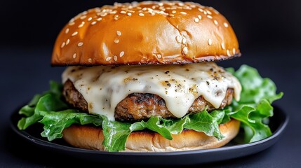 Delicious Hamburger Topped with Cheese and Fresh Lettuce on a Plate