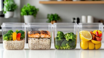 Perfectly organized row of transparent meal prep containers with visually balanced meals set on a white counter