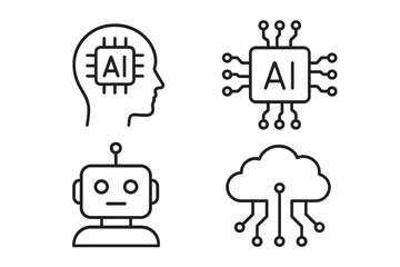 Artificial intelligence icon set. AI technology line icons for web and mobile. Machine learning, digital technology, algorithm, chatbot, robot, cpu, cloud computing concepts.