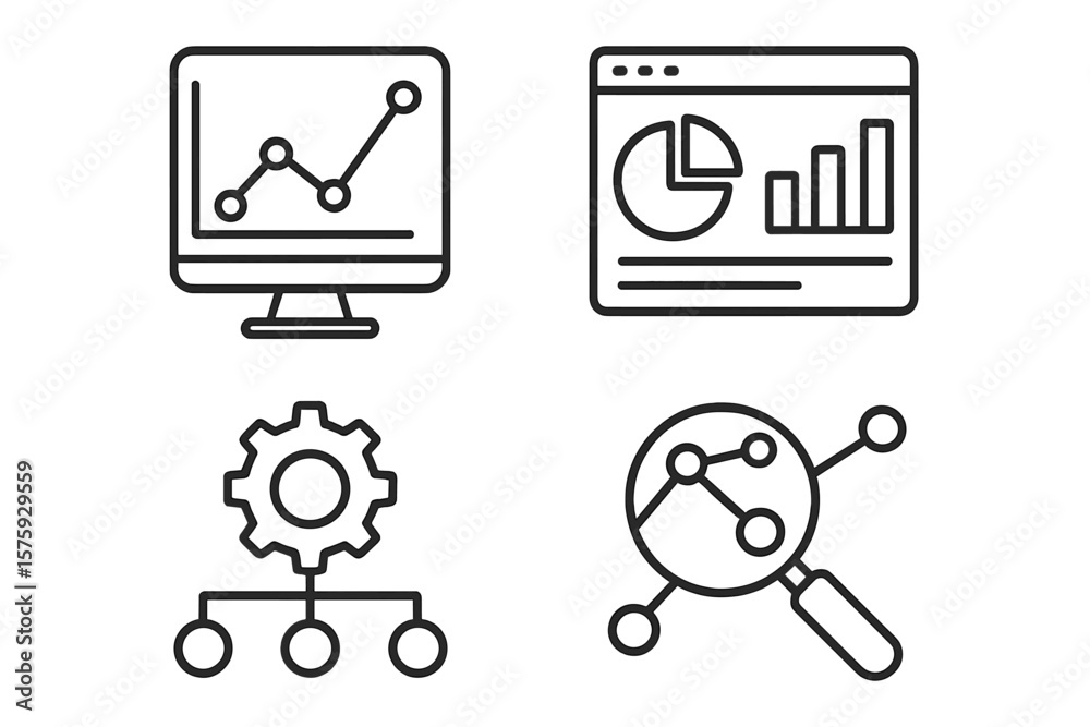 Poster data analysis line icon set. analytics and research concepts. data visualization, dashboard report, 