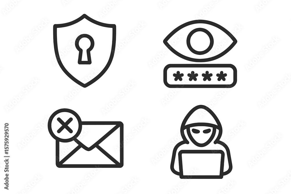 Fototapete Cybersecurity line icon set. Internet safety. Data protection metaphor. Online threat concept. Password privacy. Hacker cybercrime symbol. Spam email. Shield keyhole security.