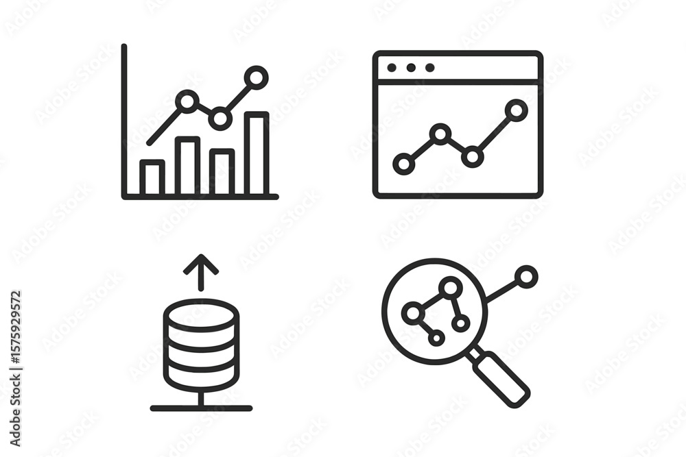 Poster data analysis and big data analytics line icon set. business intelligence, statistics graph, seo tra