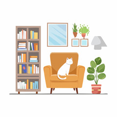 Cozy Living Room: White Cat on Mustard Armchair, Bookshelf, Plants
