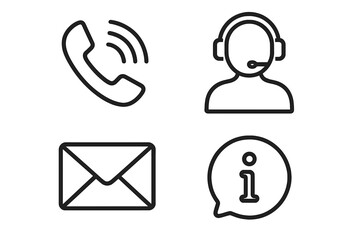 Contact us web icons set in line style. Customer service signs and symbols. Contact support for web and mobile app. Phone call, mail, headset operator and information icon.