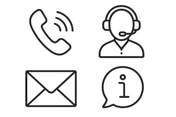 Contact us icon set in thin line style. Communication and customer service symbols for web and mobile app. Hotline, support, mail, and information signs collection.