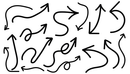Collection of diverse hand drawn curved and straight arrows pointing in various directions isolated on white background.