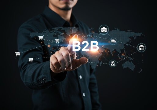Businessman using futuristic digital interface with B2B network, showcasing global connection and business growth strategy.