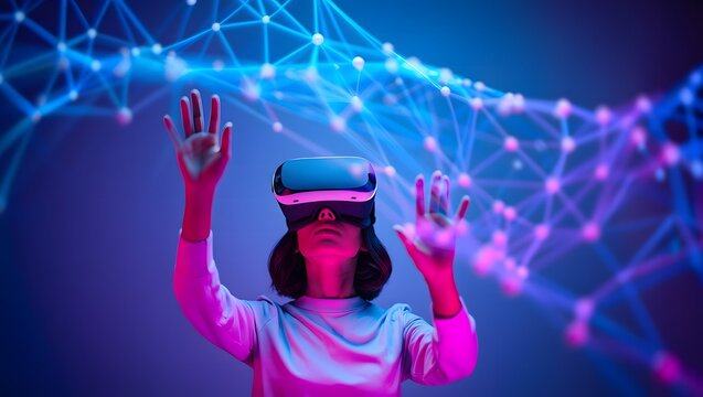 Woman wearing vr headset interacting with a glowing digital network