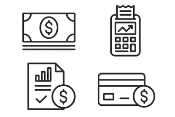 Finance vector icons in thin line style. Money and payment. Set of financial report, pay, banking, business, cash, dollar, credit card, pos terminal. Web and mobile app.