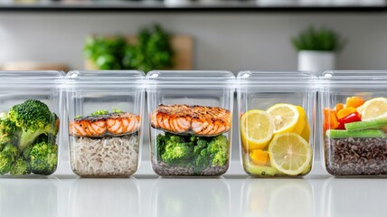 Five meal prep containers with brown rice, grilled salmon, and steamed broccoli organized on a counter