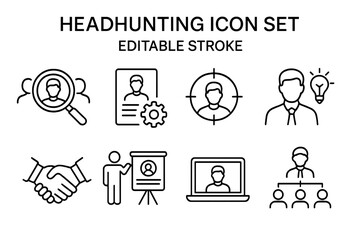 Headhunting and recruitment thin line icon set. Human resources, candidate search, hiring process, and career management outline icons. Editable stroke vector symbols.