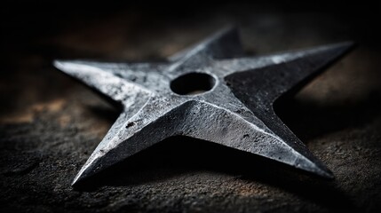 Naklejka premium Silent Shuriken: A forged star-shaped shuriken, a classic throwing weapon of stealth and precision, lies motionless, ready for its next mission. Its edges glinting with deadly purpose.