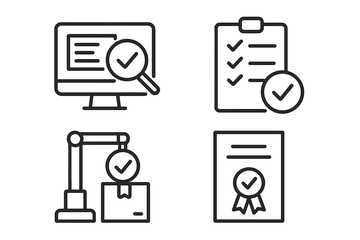 Quality Control and Assurance Icons Set. Inspection, Evaluation, Production, Certification. Linear Web and App Icons. Checklist, Audit, Manufacturing, Approval, Compliance, Verification