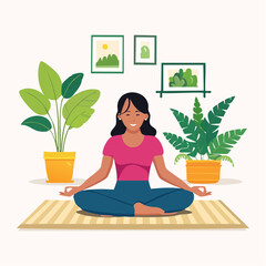 Fototapeta premium Smiling Woman Meditating in Serene Home Setting with Indoor Plants, Flat Design Illustration