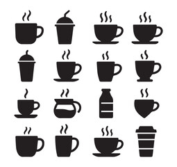 Collection of various hot coffee and beverage icons representing different styles of cups and mugs isolated on white background.