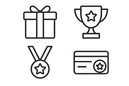 Reward Icons Set – Linear Style Gift Box, Trophy, Medal, Loyalty Card, Recognition, Reward Program, Achievement, Prize, Award, Incentive, Bonus, Loyalty, Success, Web Icons Collection