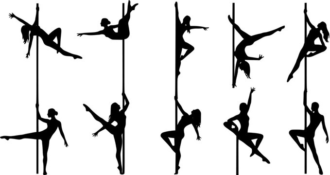 Vector silhouette of girl and pole with neon effect. Pole dance illustration for fitness