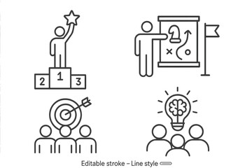 Business Success and Teamwork Line Icons Set. Achievement, Strategy Planning, Winner Podium, Target Audience, Brainstorming, Leadership, Collaboration, Motivation, Goal, Innovation