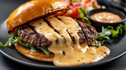Delicious Hamburger Topped with Savory Sauce on a Rustic Wooden Table