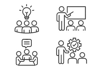 Teamwork and Workshop Line Icons Set. Business Training, Team Building, Coaching, Management, Brainstorming, Collaboration, Meeting, Leadership, Presentation, Communication, Planning Concepts