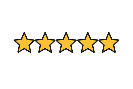 Five star rating icon. Customer product review symbol. Quality feedback concept. Excellent service. Satisfaction survey. 5 gold stars. Mobile app and website UI element.
