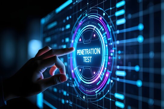 A finger touches a glowing digital interface displaying penetration test