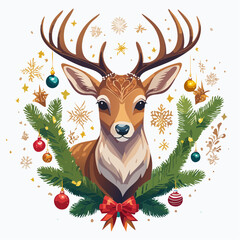 Naklejka premium Charming Christmas Deer Portrait: Festive Vector Illustration with Ornaments and Evergreen Branches.