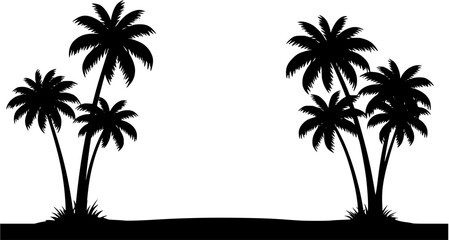 Fototapeta premium Black and white silhouette of palm trees on a tropical beach with flying birds 